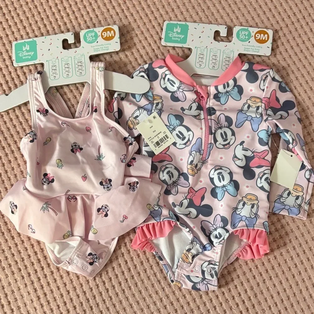 NWT 2 Disney Infant Pink Minnie Mouse Bathing Suits Size 9 months